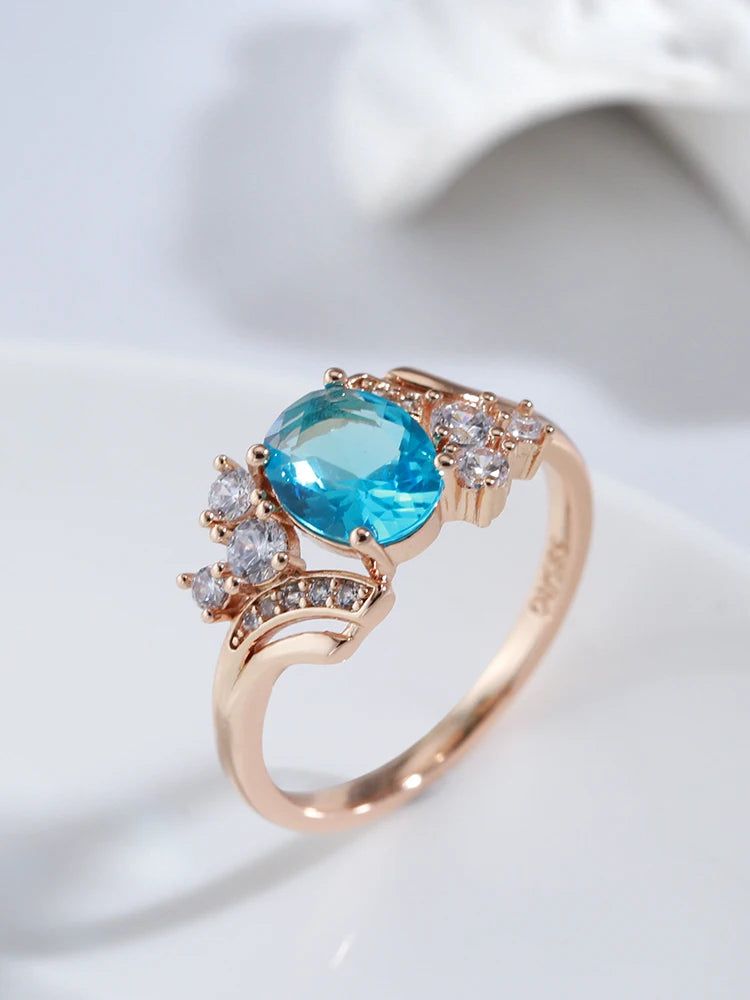 Elegant 585 Rose Gold Vintage Ring with Blue Natural Zircon and Micro-Wax Inlay