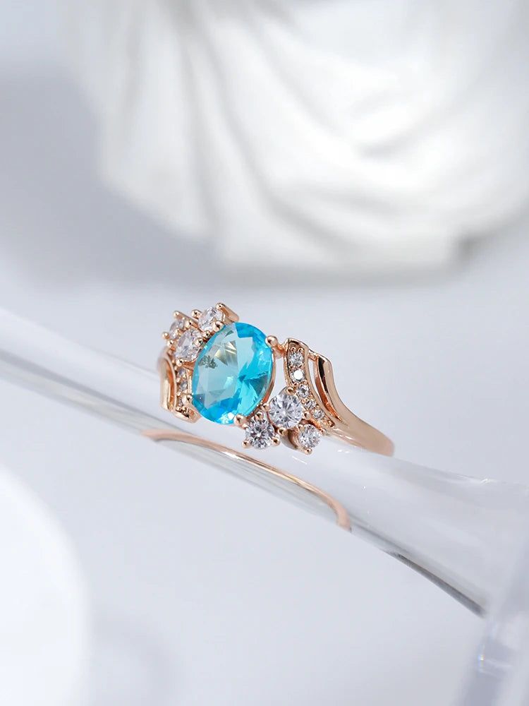 Elegant 585 Rose Gold Vintage Ring with Blue Natural Zircon and Micro-Wax Inlay