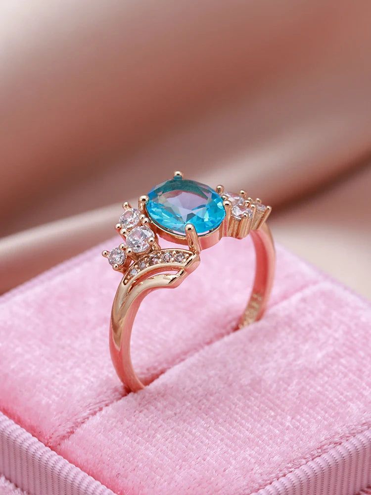 Elegant 585 Rose Gold Vintage Ring with Blue Natural Zircon and Micro-Wax Inlay