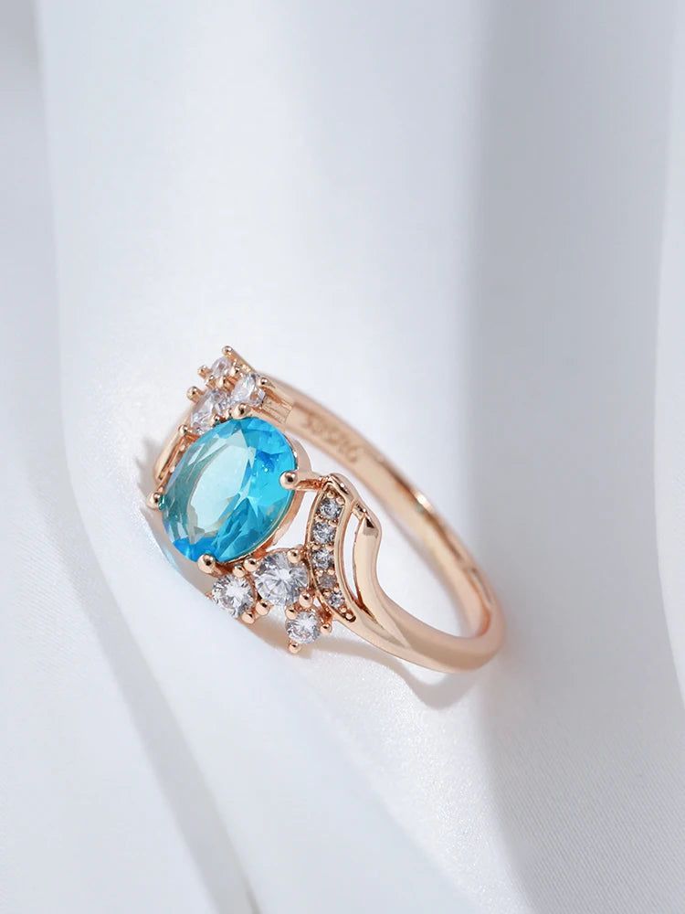 Elegant 585 Rose Gold Vintage Ring with Blue Natural Zircon and Micro-Wax Inlay