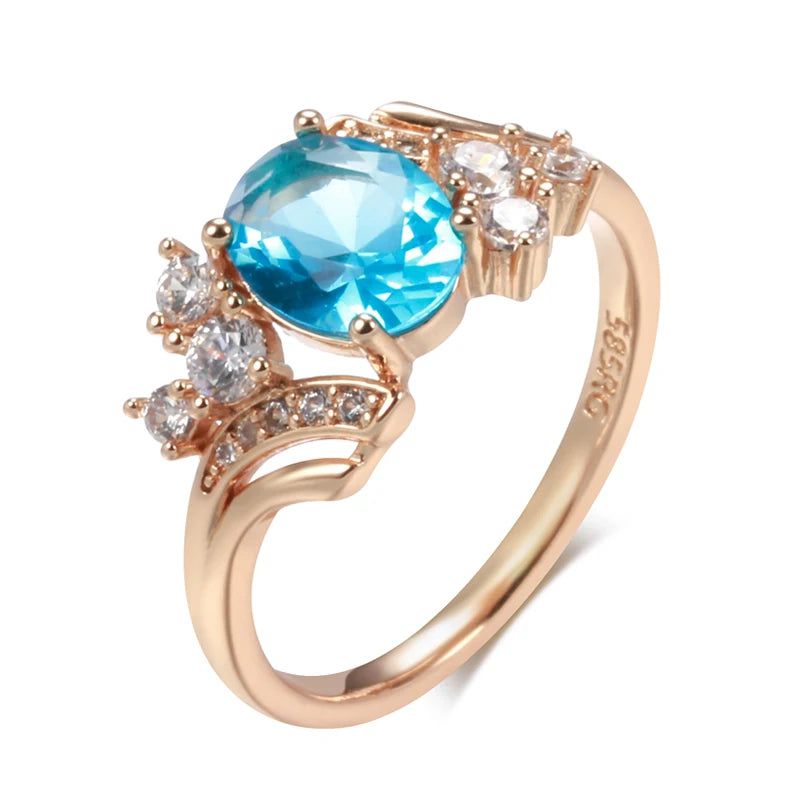 Elegant 585 Rose Gold Vintage Ring with Blue Natural Zircon and Micro-Wax Inlay