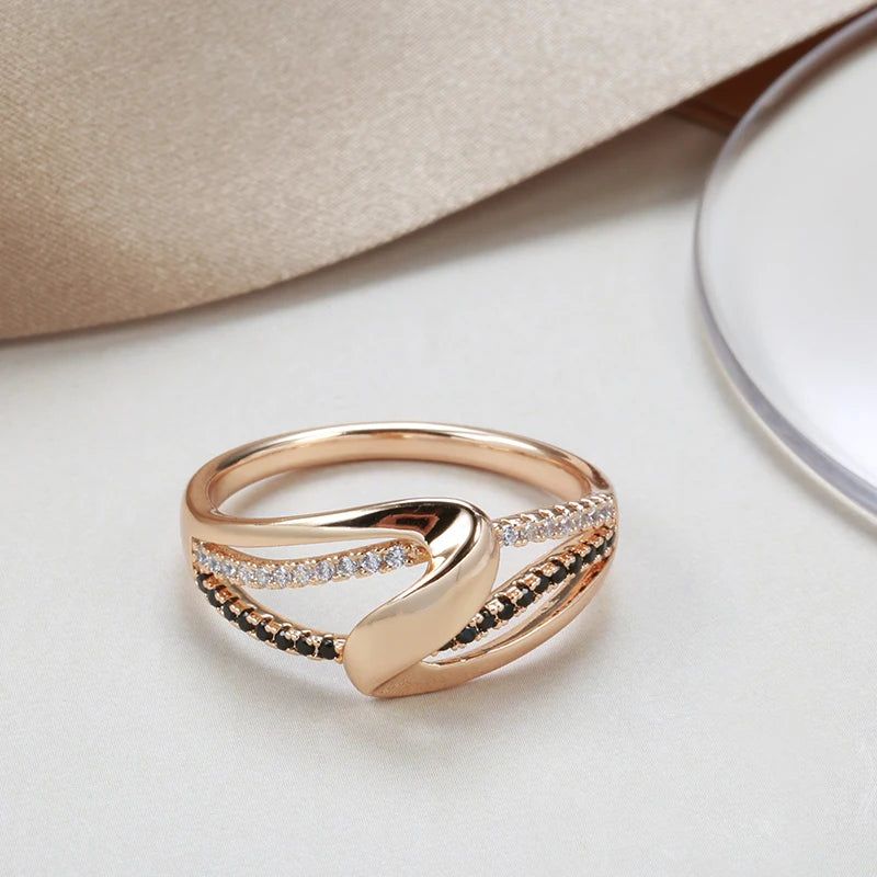 Elegant 585 Rose Gold Wave Cocktail Ring with Black and White Natural Zircon - Vintage Geometric Jewelry