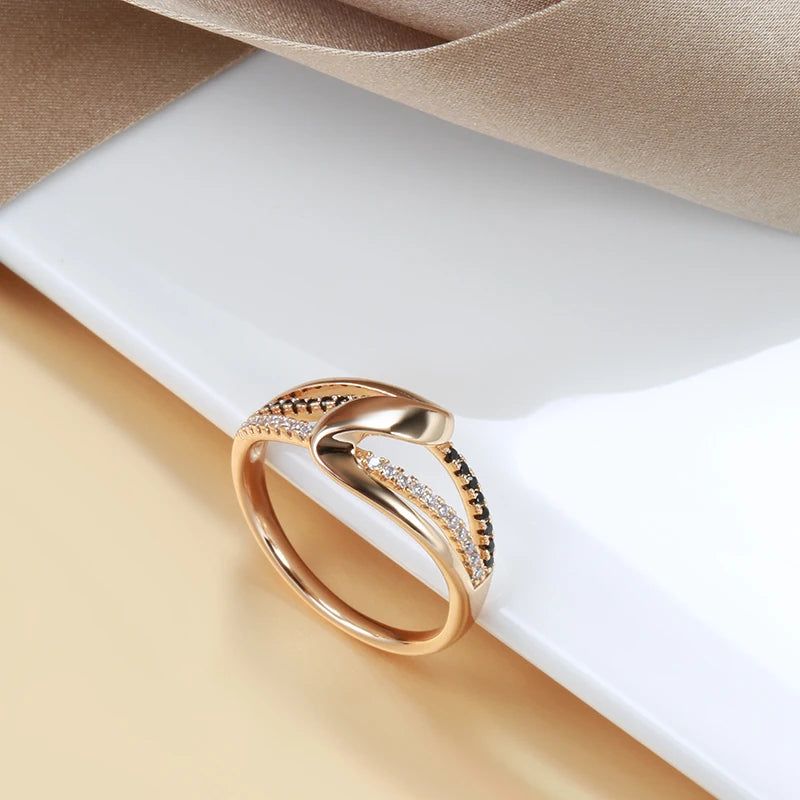 Elegant 585 Rose Gold Wave Cocktail Ring with Black and White Natural Zircon - Vintage Geometric Jewelry