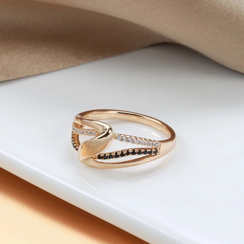 Elegant 585 Rose Gold Wave Cocktail Ring with Black and White Natural Zircon - Vintage Geometric Jewelry