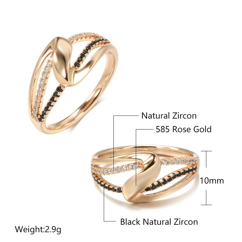 Elegant 585 Rose Gold Wave Cocktail Ring with Black and White Natural Zircon - Vintage Geometric Jewelry