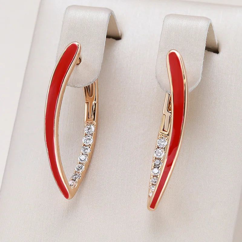 Elegant 585 Rose Gold and Red Enamel Drop Earrings with Natural Zircon