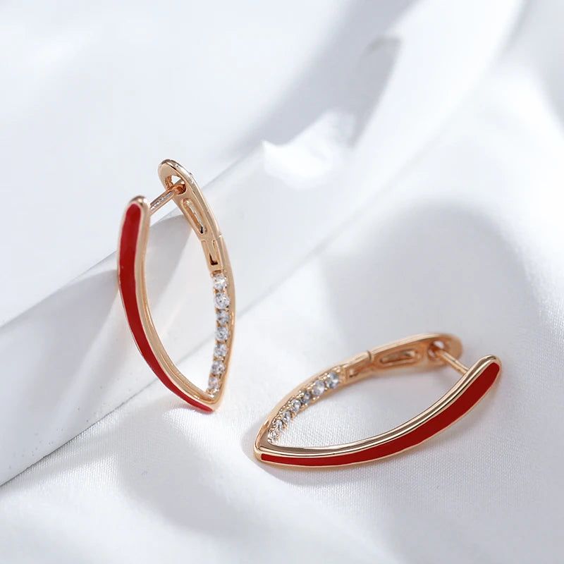 Elegant 585 Rose Gold and Red Enamel Drop Earrings with Natural Zircon