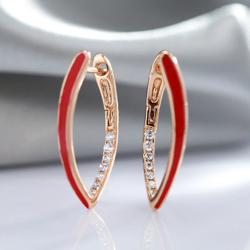 Elegant 585 Rose Gold and Red Enamel Drop Earrings with Natural Zircon