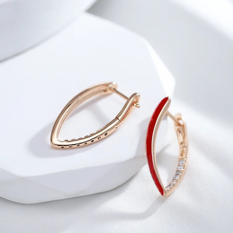 Elegant 585 Rose Gold and Red Enamel Drop Earrings with Natural Zircon