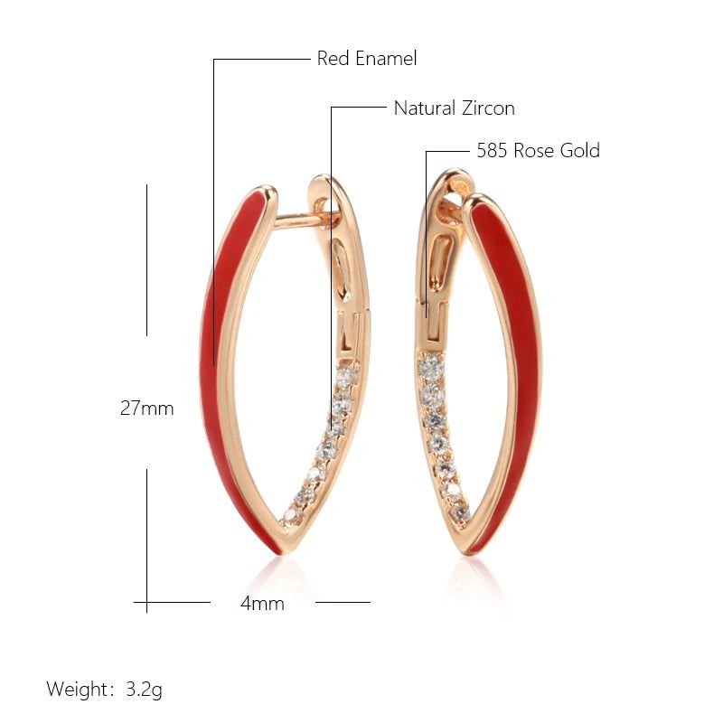 Elegant 585 Rose Gold and Red Enamel Drop Earrings with Natural Zircon