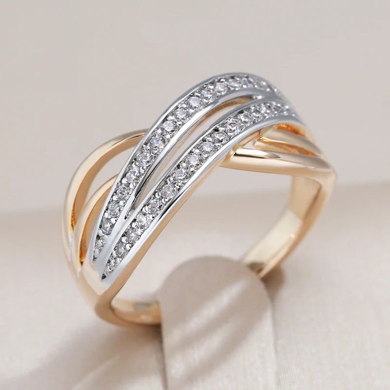 Elegant 585 Rose Gold and Silver Geometric Cross Natural Zircon Cocktail Ring