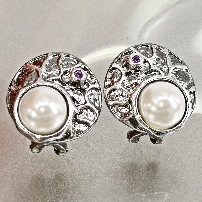 Elegant Antique-Inspired Round Stud Earrings with Simulated Pearls and Purple Zircon