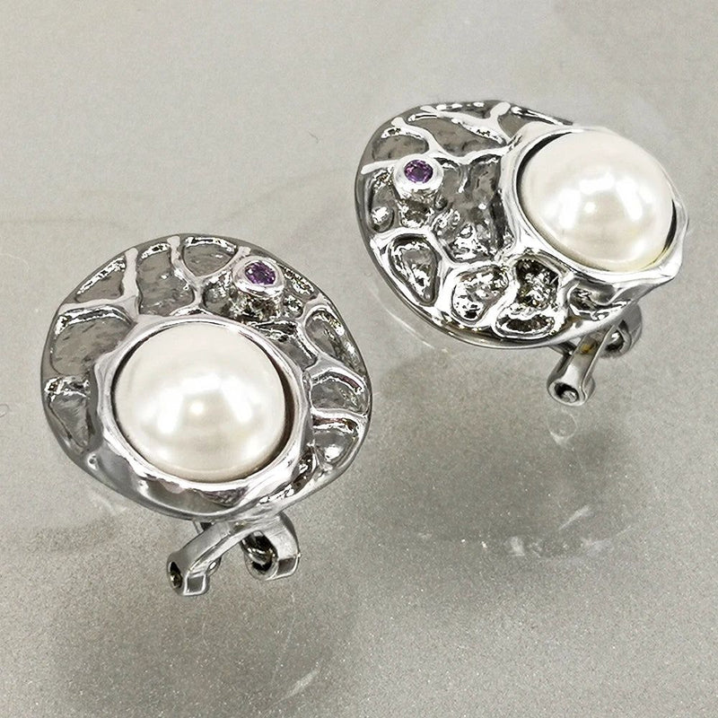 Elegant Antique-Inspired Round Stud Earrings with Simulated Pearls and Purple Zircon