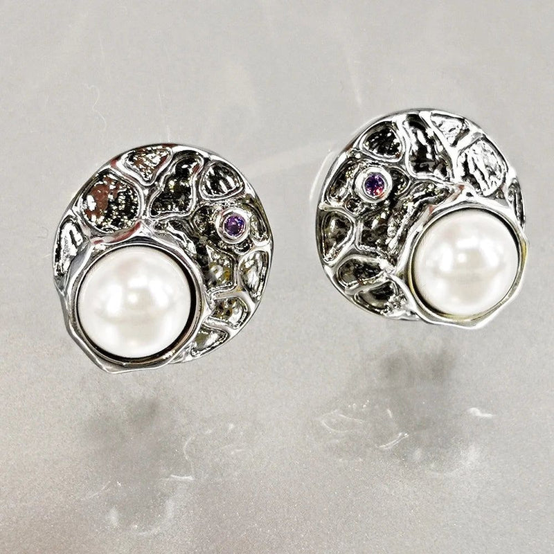 Elegant Antique-Inspired Round Stud Earrings with Simulated Pearls and Purple Zircon