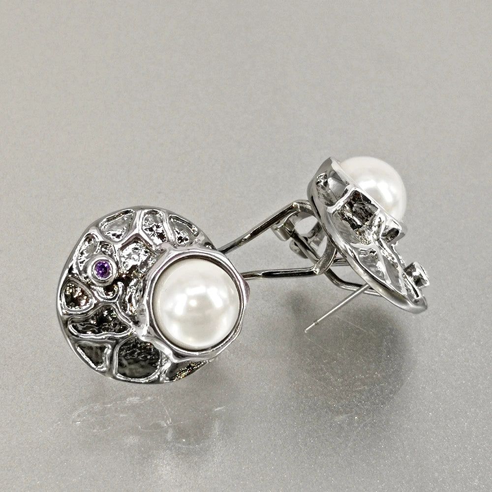 Elegant Antique-Inspired Round Stud Earrings with Simulated Pearls and Purple Zircon