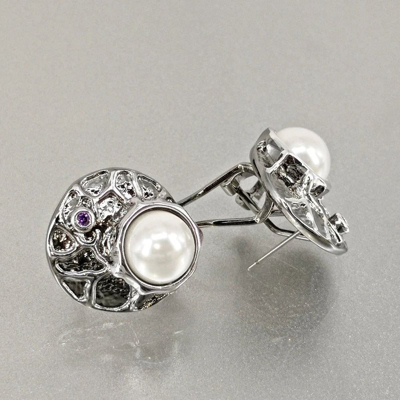 Elegant Antique-Inspired Round Stud Earrings with Simulated Pearls and Purple Zircon