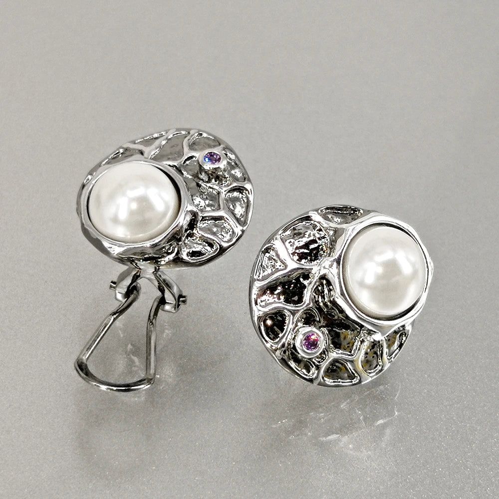 Elegant Antique-Inspired Round Stud Earrings with Simulated Pearls and Purple Zircon