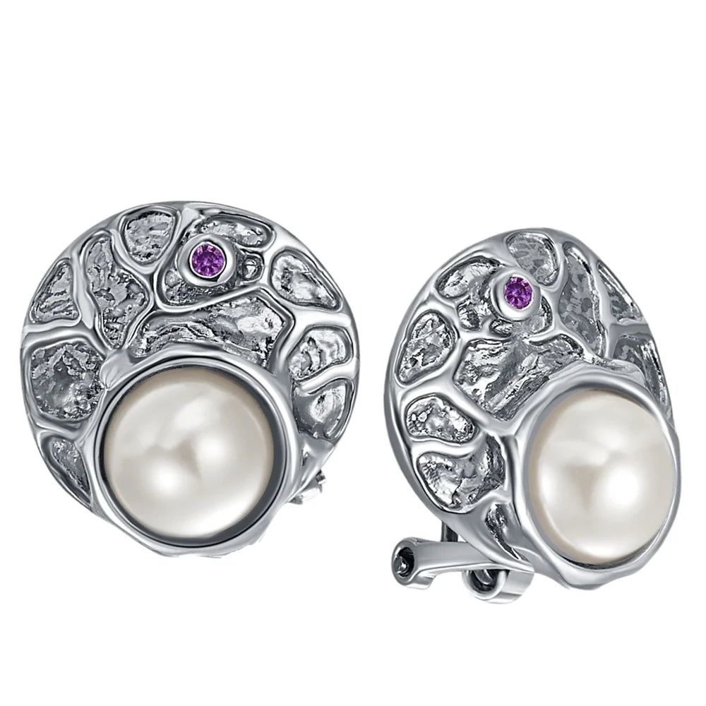 Elegant Antique-Inspired Round Stud Earrings with Simulated Pearls and Purple Zircon