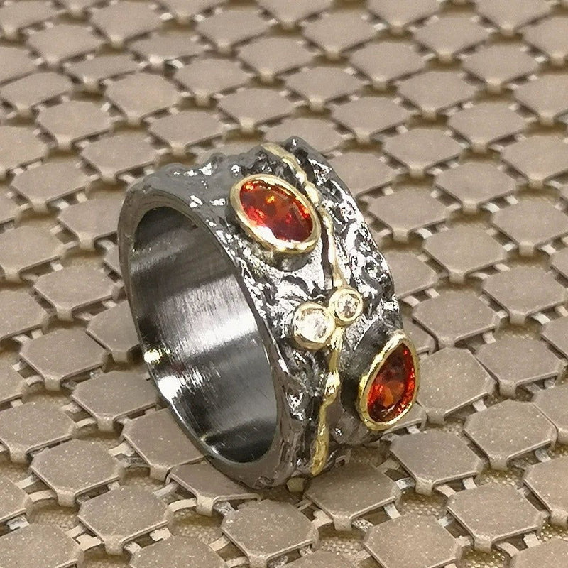 Elegant Baroque-Inspired Black Gold Ring with Red CZ for a Unique Style