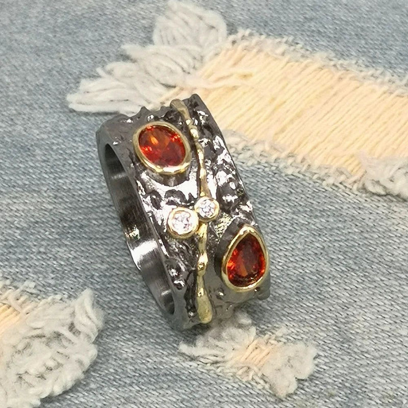 Elegant Baroque-Inspired Black Gold Ring with Red CZ for a Unique Style