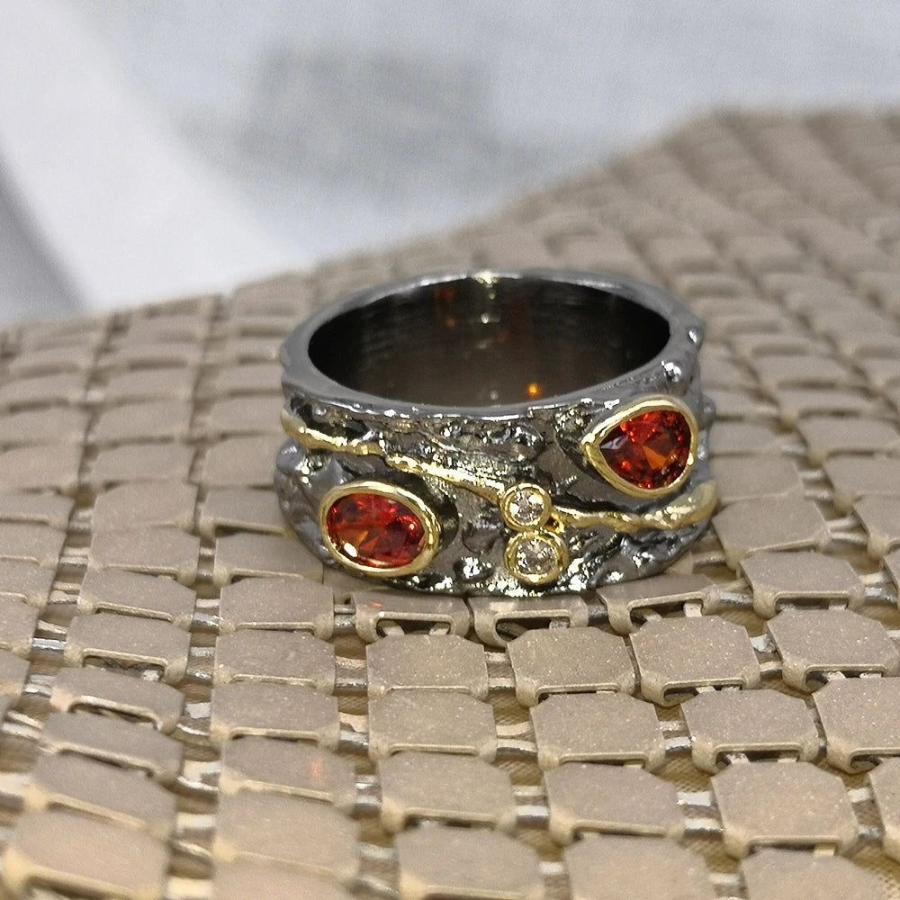 Elegant Baroque-Inspired Black Gold Ring with Red CZ for a Unique Style