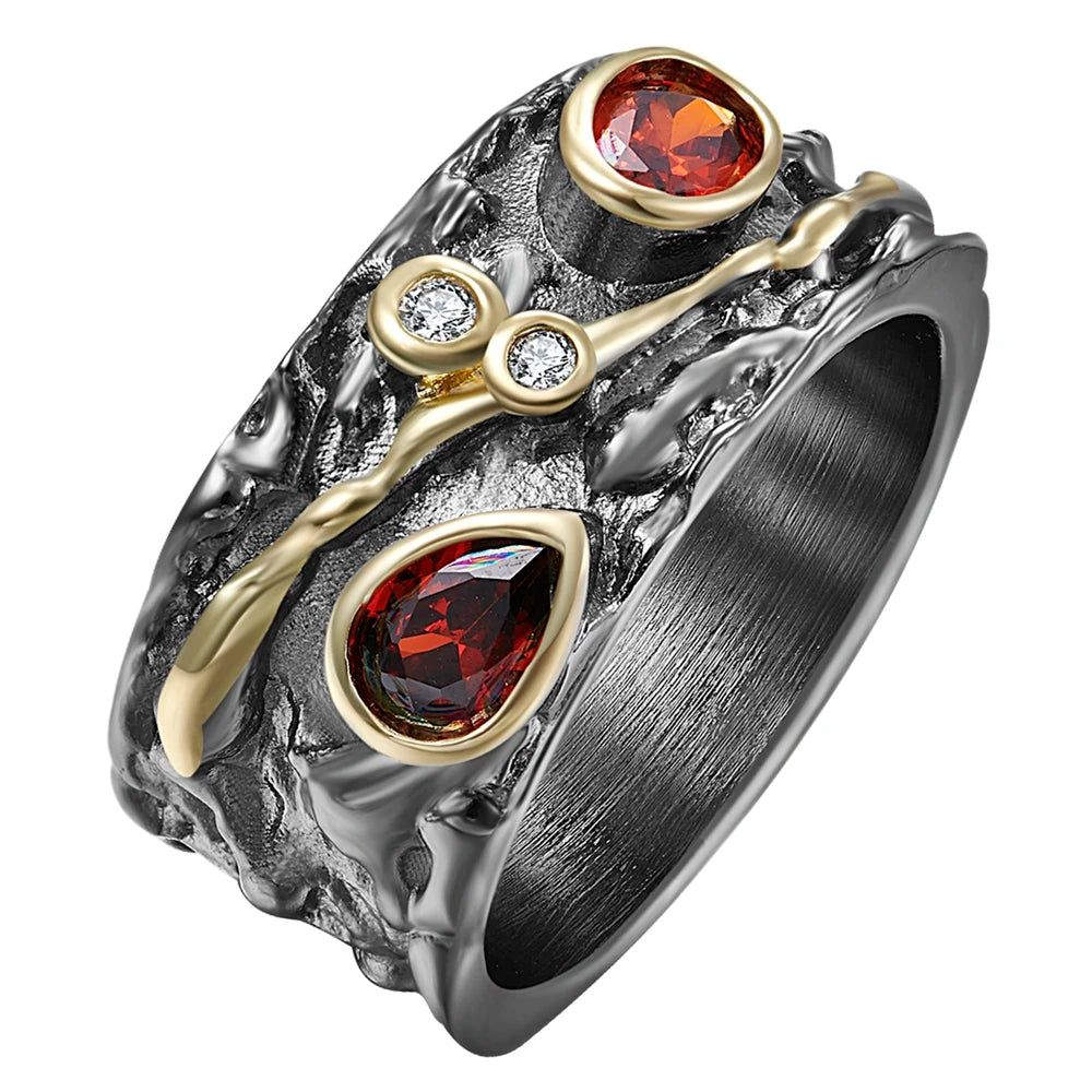 Elegant Baroque-Inspired Black Gold Ring with Red CZ for a Unique Style