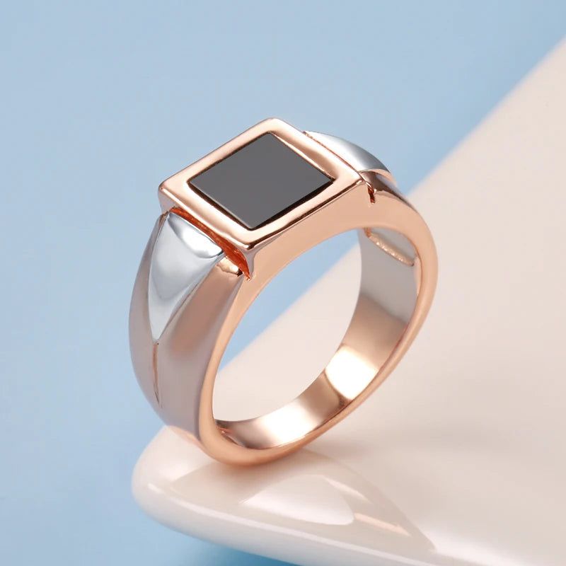 Elegant Black Stone Square Ring for Men in 585 Rose Gold - High-Quality Fashion Jewelry