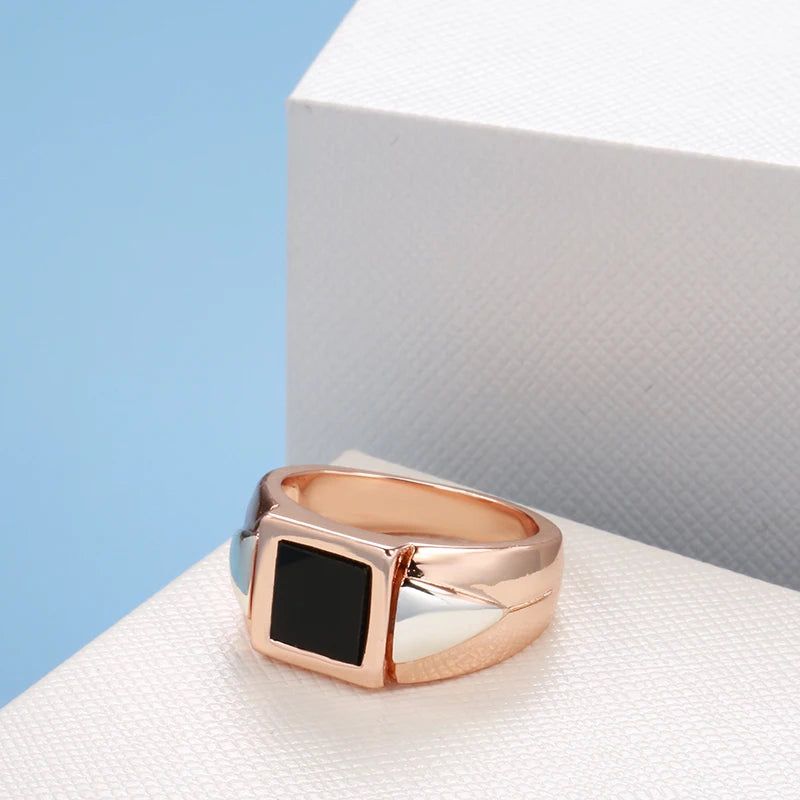 Elegant Black Stone Square Ring for Men in 585 Rose Gold - High-Quality Fashion Jewelry