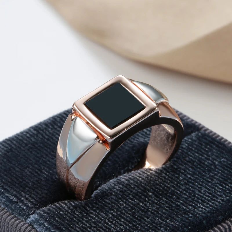 Elegant Black Stone Square Ring for Men in 585 Rose Gold - High-Quality Fashion Jewelry