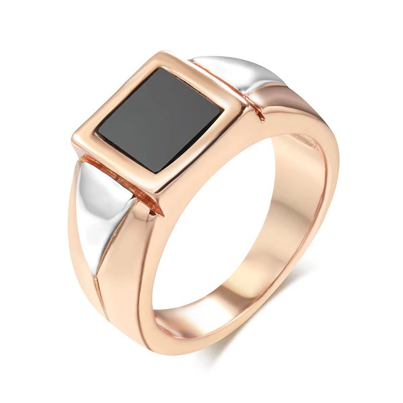 Elegant Black Stone Square Ring for Men in 585 Rose Gold - High-Quality Fashion Jewelry