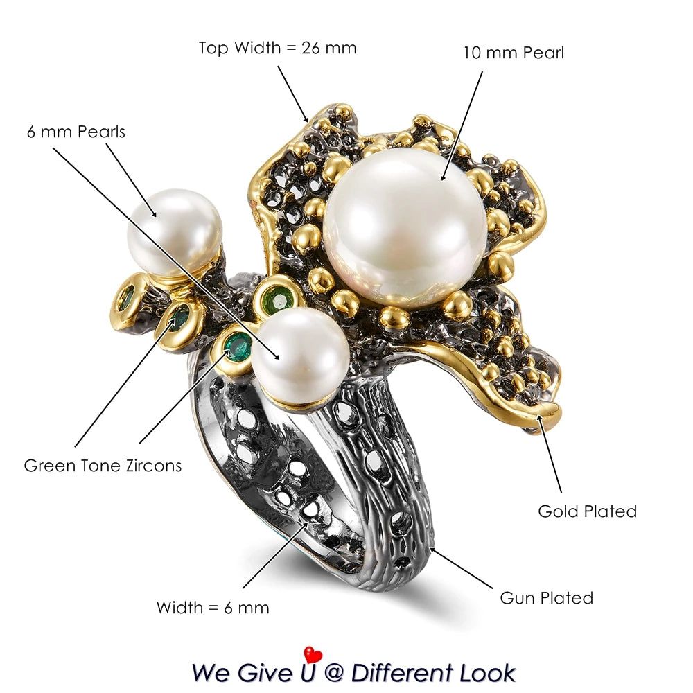 Elegant Blooming Floral Pearl Ring with Green Zirconia in Black Gold Design