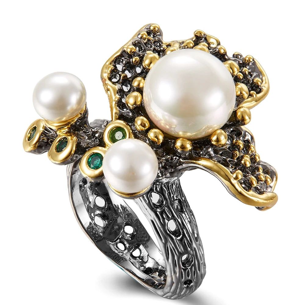 Elegant Blooming Floral Pearl Ring with Green Zirconia in Black Gold Design