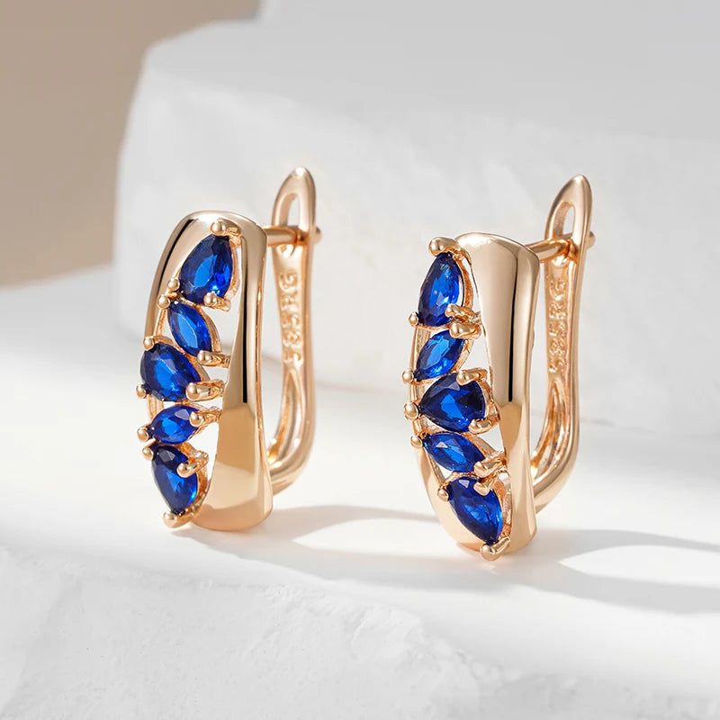 Elegant Blue Natural Zircon Geometric Drop Earrings in 585 Rose Gold Plating