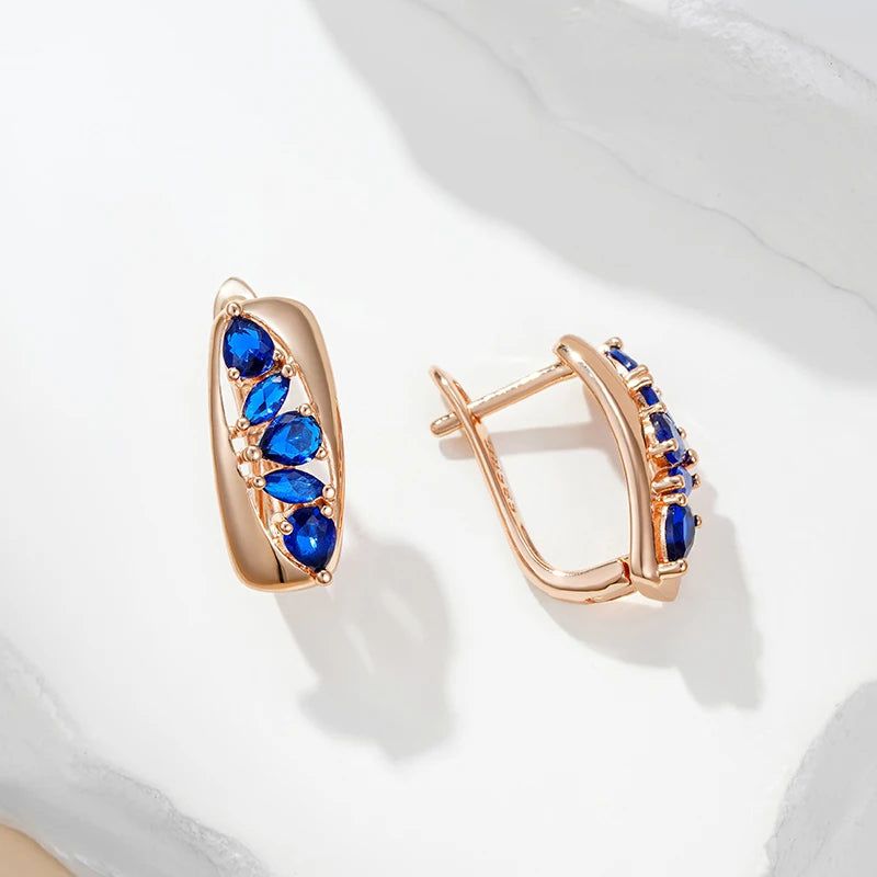 Elegant Blue Natural Zircon Geometric Drop Earrings in 585 Rose Gold Plating