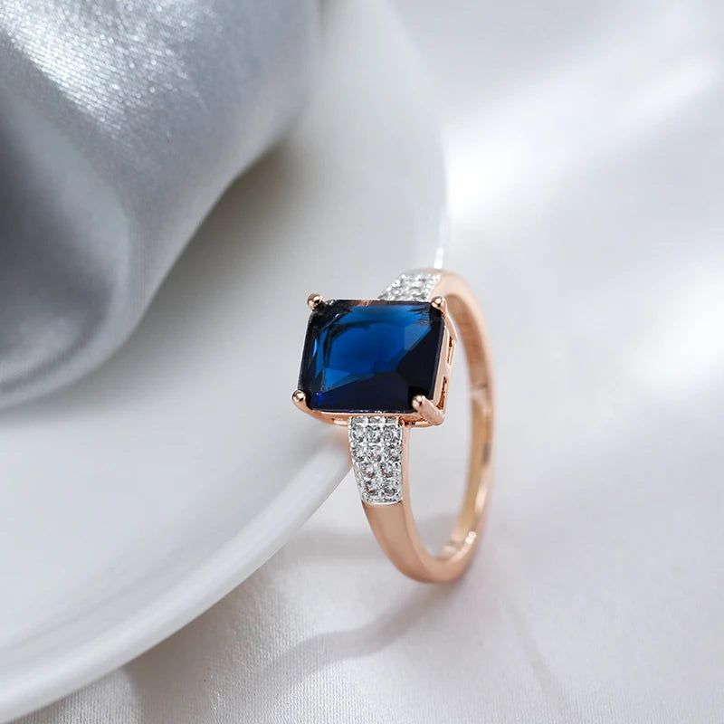 Elegant Blue Square Zircon Ring in 585 Rose Gold and Silver Luxury Design