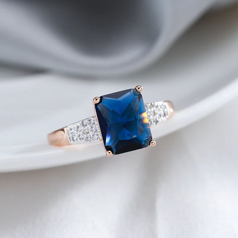 Elegant Blue Square Zircon Ring in 585 Rose Gold and Silver Luxury Design