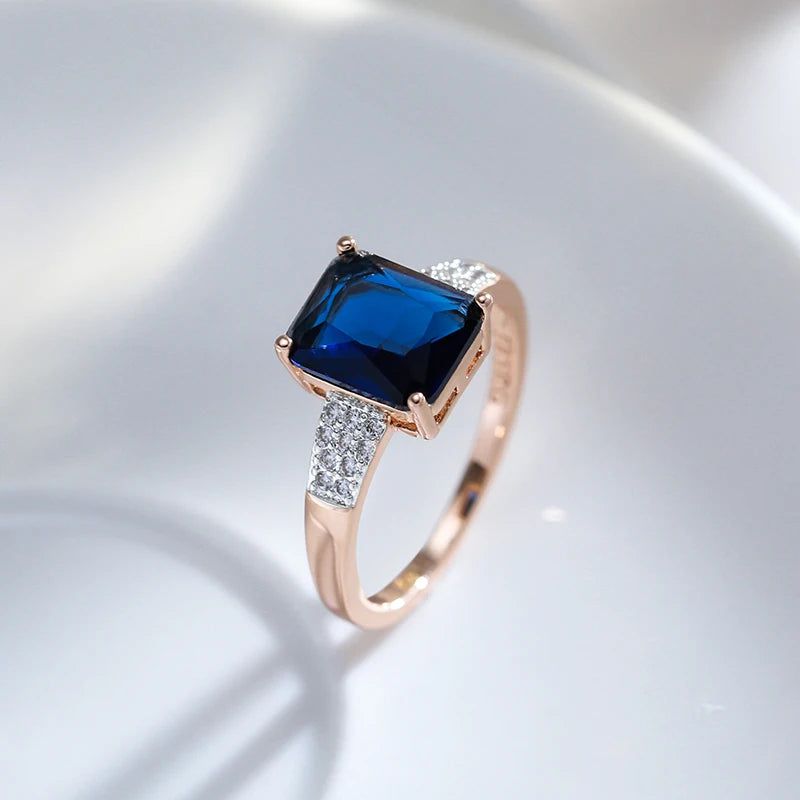 Elegant Blue Square Zircon Ring in 585 Rose Gold and Silver Luxury Design