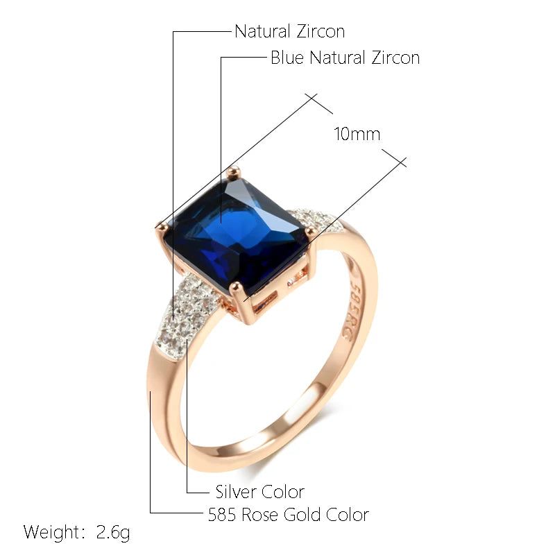 Elegant Blue Square Zircon Ring in 585 Rose Gold and Silver Luxury Design