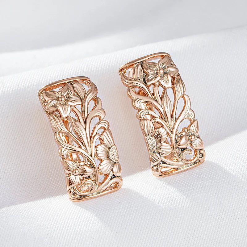 Elegant Boho Hollow Flower Drop Earrings in 585 Rose Gold Finish