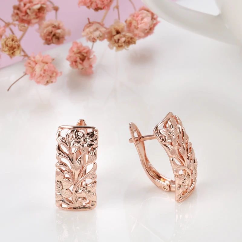 Elegant Boho Hollow Flower Drop Earrings in 585 Rose Gold Finish