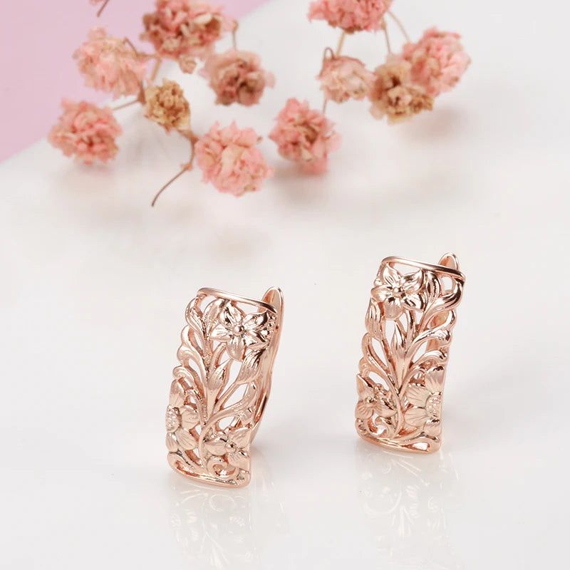 Elegant Boho Hollow Flower Drop Earrings in 585 Rose Gold Finish