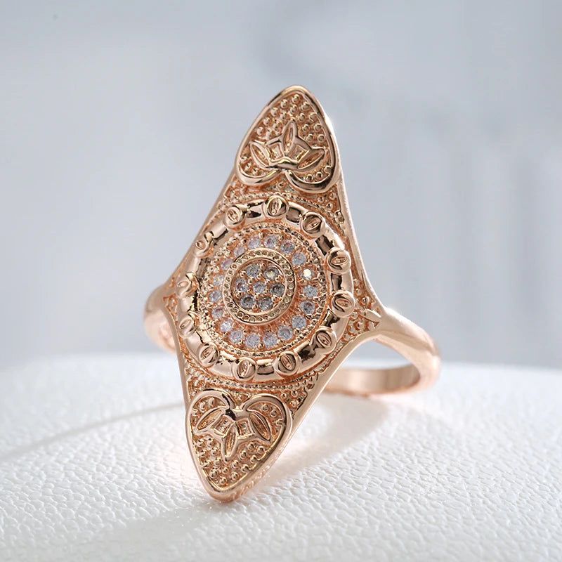 Elegant Boho Rose Gold Cocktail Ring with Natural Zircon and Unique Ethnic Design