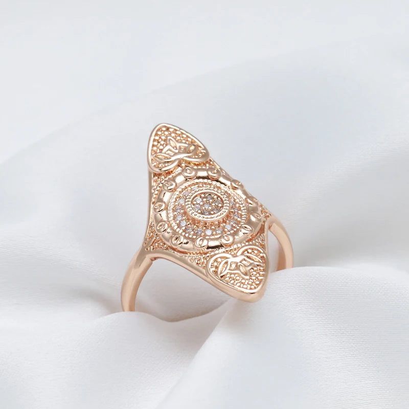 Elegant Boho Rose Gold Cocktail Ring with Natural Zircon and Unique Ethnic Design