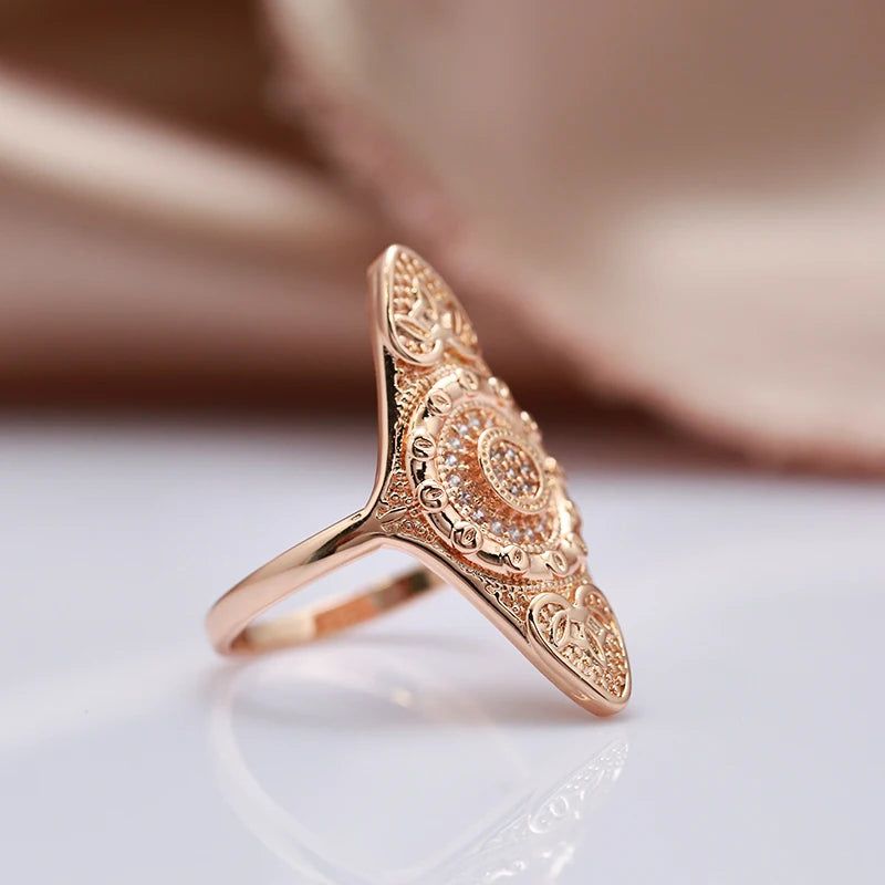 Elegant Boho Rose Gold Cocktail Ring with Natural Zircon and Unique Ethnic Design