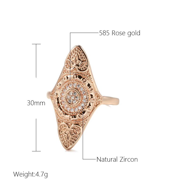 Elegant Boho Rose Gold Cocktail Ring with Natural Zircon and Unique Ethnic Design