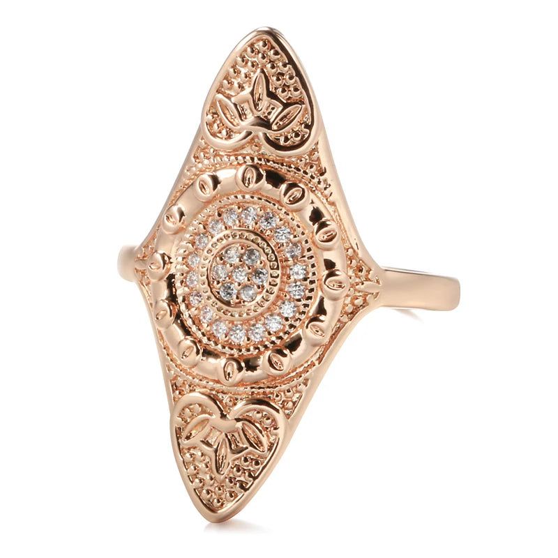 Elegant Boho Rose Gold Cocktail Ring with Natural Zircon and Unique Ethnic Design