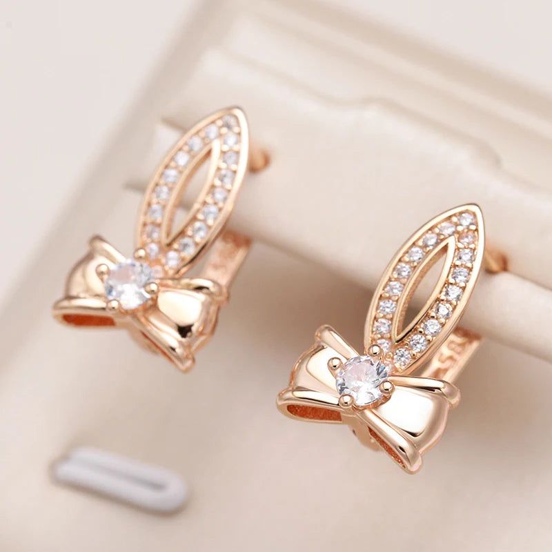 Elegant Bowknot Natural Zircon Dangle Earrings in 585 Rose Gold - Fashionable Bridal Jewelry