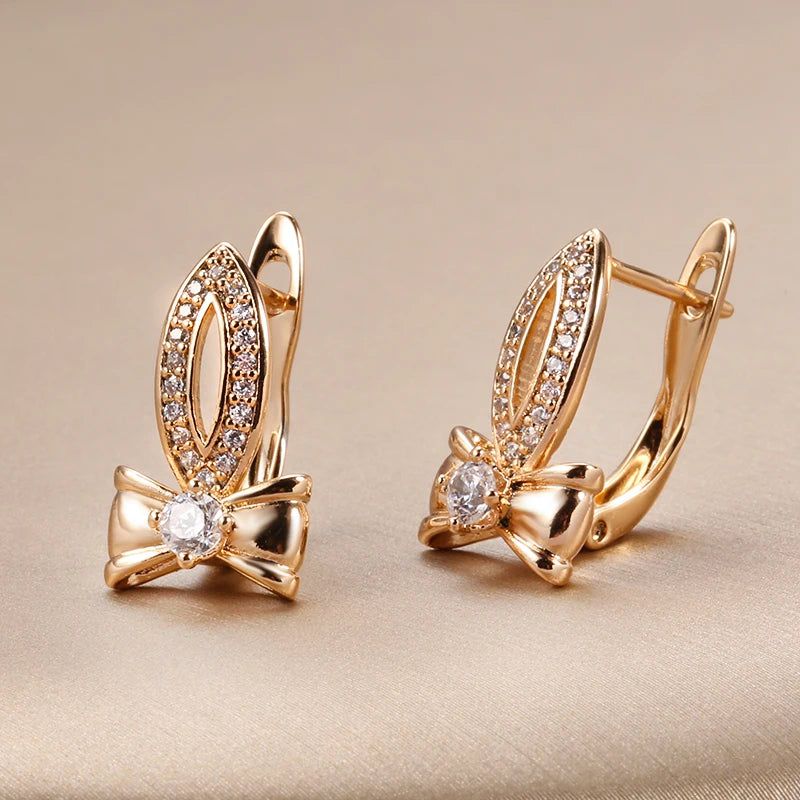 Elegant Bowknot Natural Zircon Dangle Earrings in 585 Rose Gold - Fashionable Bridal Jewelry