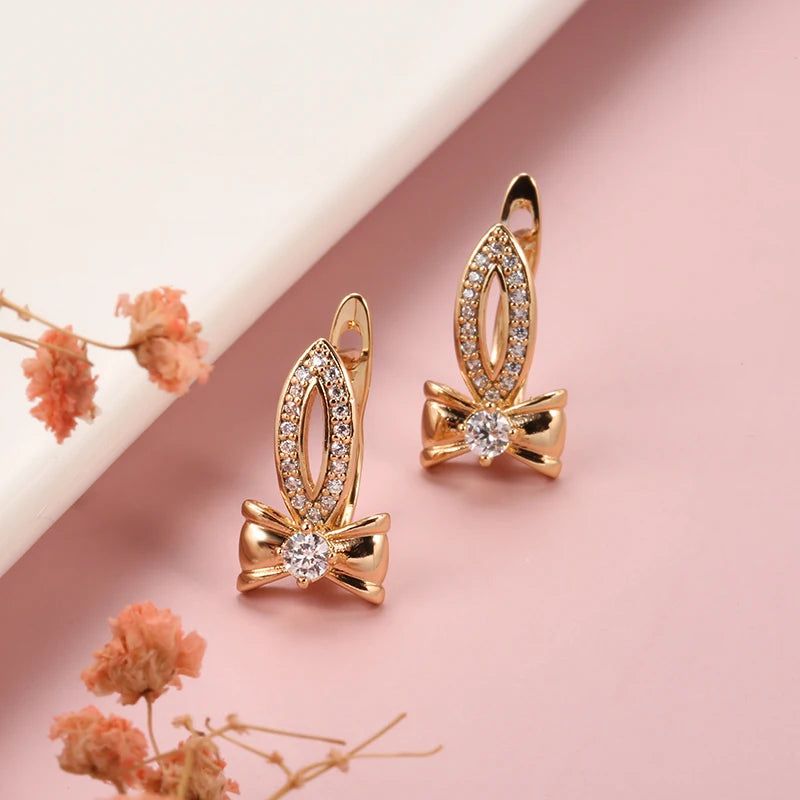 Elegant Bowknot Natural Zircon Dangle Earrings in 585 Rose Gold - Fashionable Bridal Jewelry