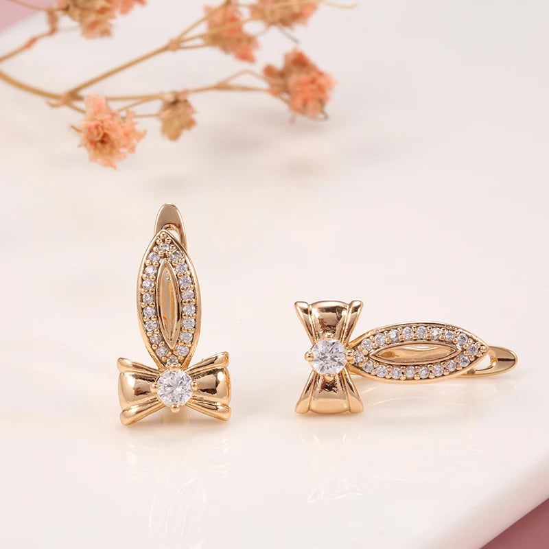 Elegant Bowknot Natural Zircon Dangle Earrings in 585 Rose Gold - Fashionable Bridal Jewelry